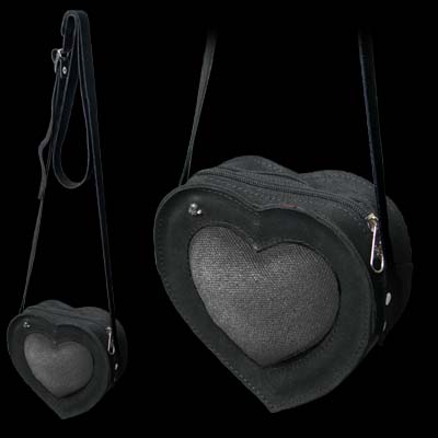 For girls with a gothic heart. Vintage-style black leather purse with contrasting washed-black canvas heart. With top zip-opening and adjustable strap; Approx. dimensions: 15cm (6") wide X 14.5cm (5") high X 5.5cm (2") deep. 
